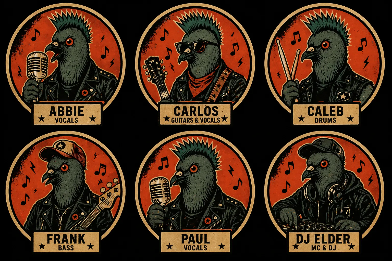 The Flying Pigeons band lineup: Abbie on vocals, Carlos on guitars and vocals, Caleb on drums, Frank on bass, Paul on vocals, and DJ Elder as MC and DJ.