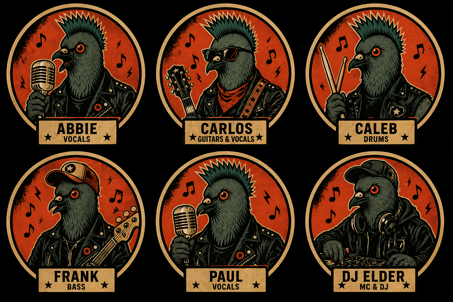 The Flying Pigeons band lineup: Abbie on vocals, Carlos on guitars and vocals, Caleb on drums, Frank on bass, Paul on vocals, and DJ Elder as MC and DJ.